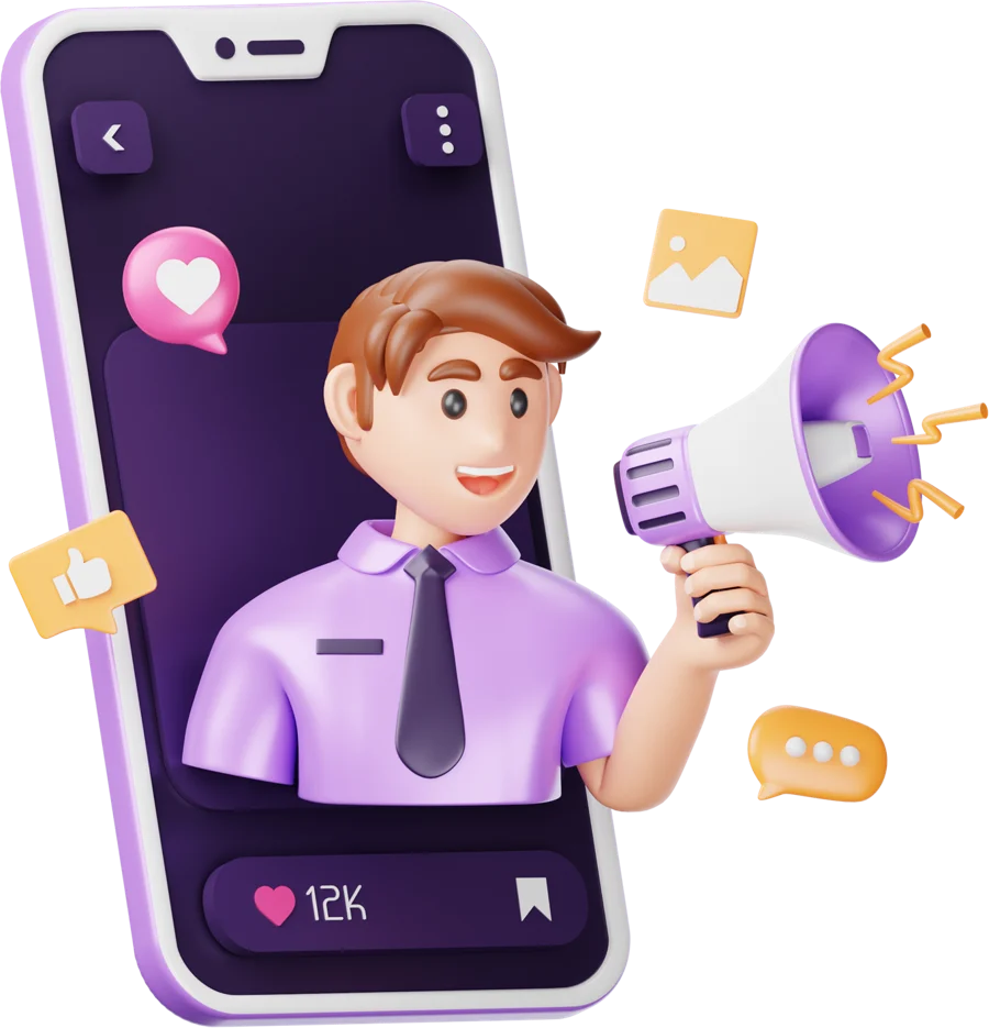 A cheerful marketer with a megaphone stepping out of a phone