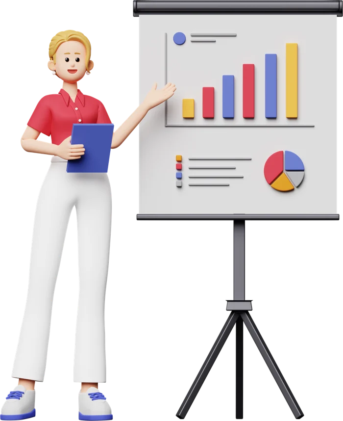 A presenter pointing at a rising chart